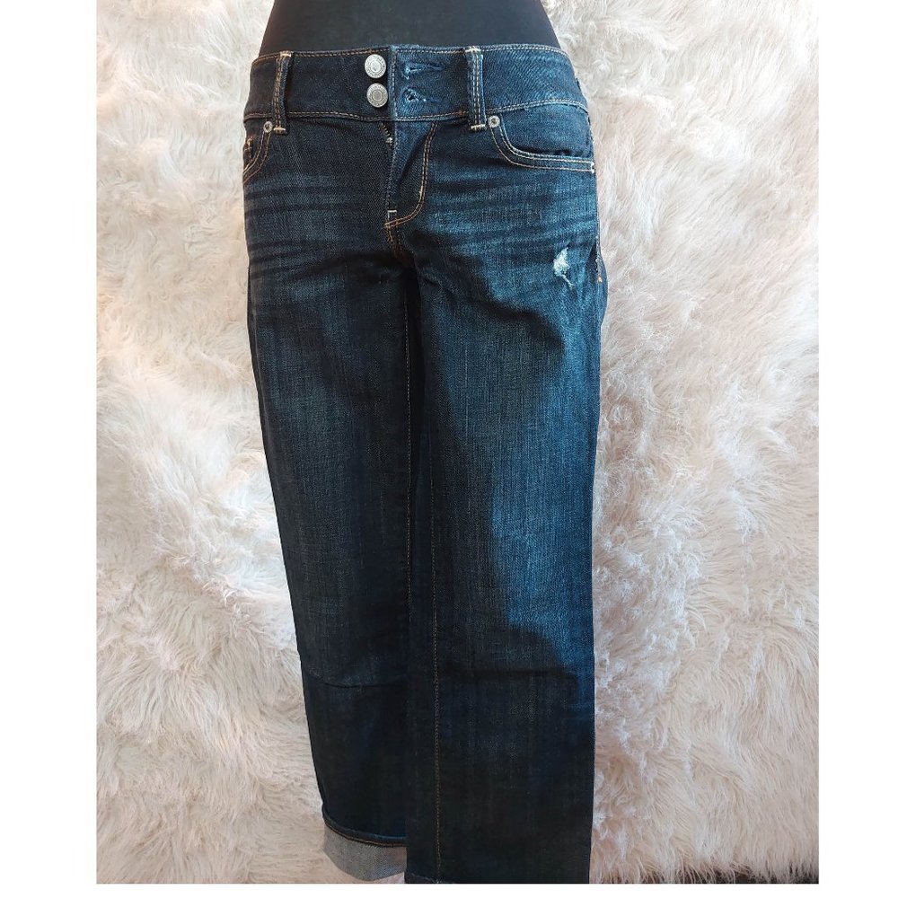 American Eagle Women's Straight Leg Cuffed Legs Blue Denim Jeans Size: 2